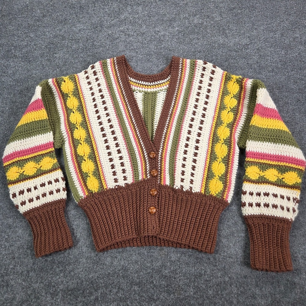 Handmade Crochet Cardigan Vintage Boho Chunky Knit‎ Sweater Womens XL
